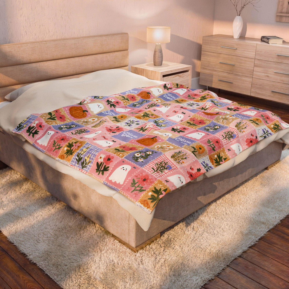 Personalized Patchwork Pumpkin Ghosts Velveteen Blanket | Cozy Fall Halloween Throw