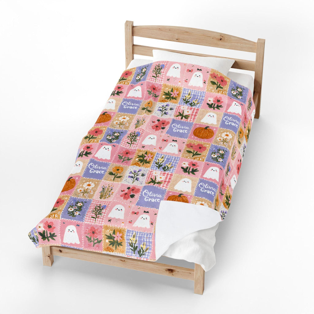 Personalized Patchwork Pumpkin Ghosts Velveteen Blanket | Cozy Fall Halloween Throw