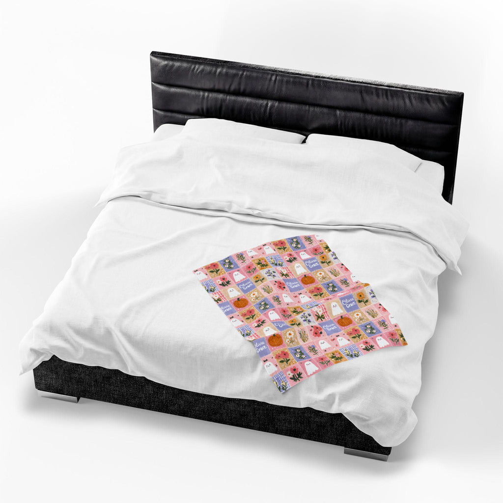 Personalized Patchwork Pumpkin Ghosts Velveteen Blanket | Cozy Fall Halloween Throw