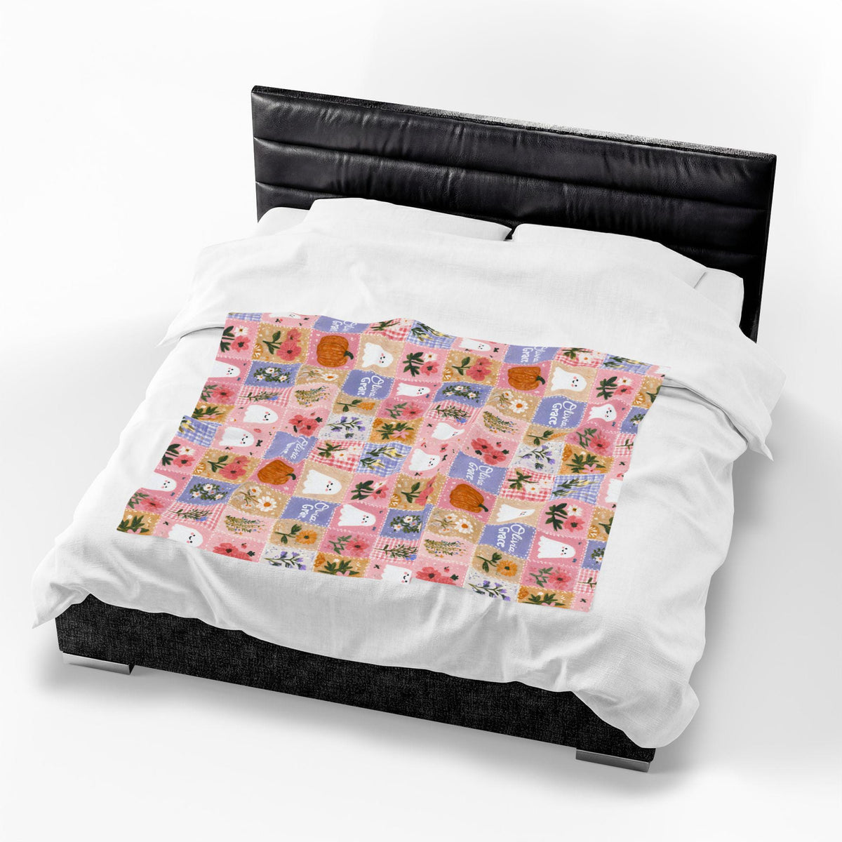 Personalized Patchwork Pumpkin Ghosts Velveteen Blanket | Cozy Fall Halloween Throw