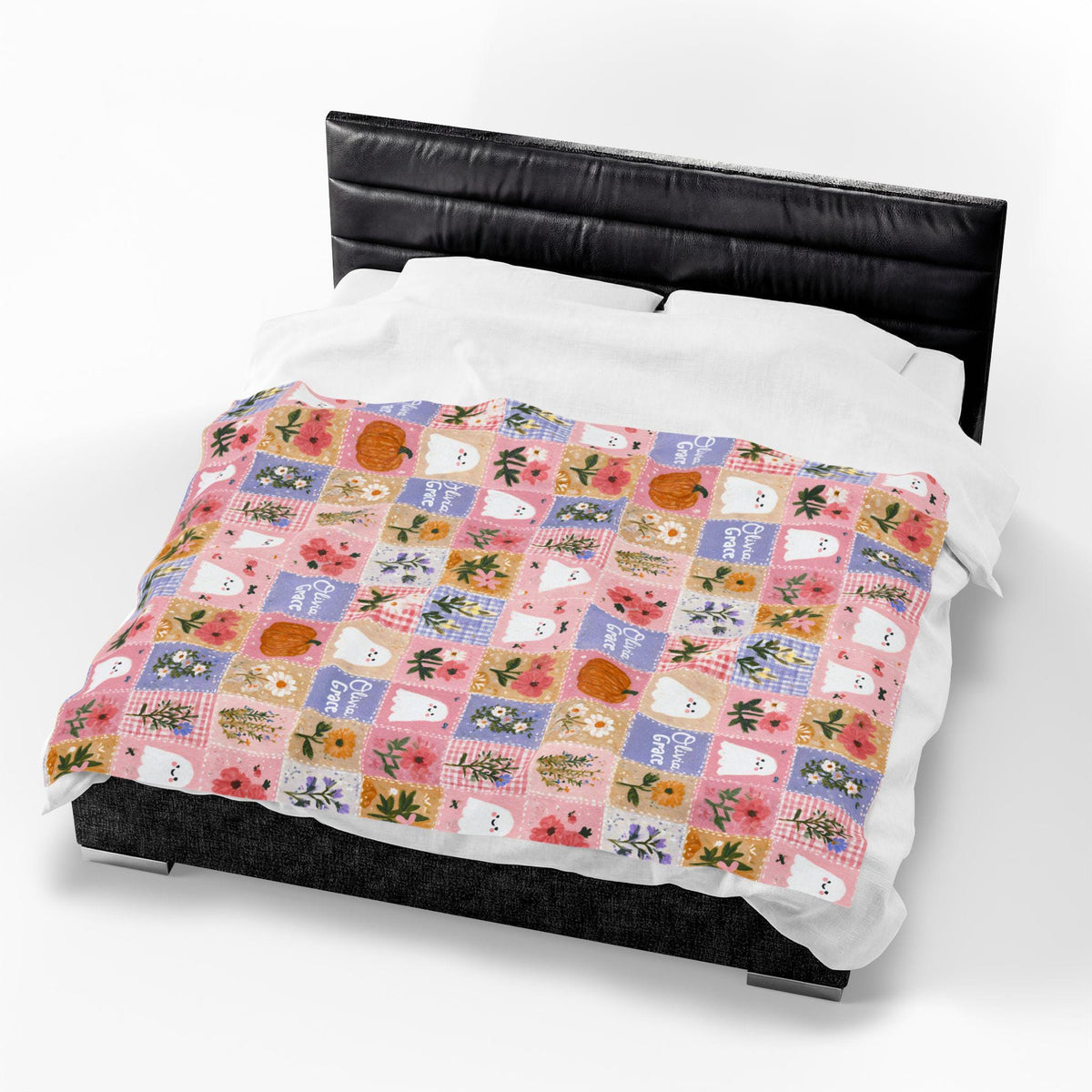 Personalized Patchwork Pumpkin Ghosts Velveteen Blanket | Cozy Fall Halloween Throw