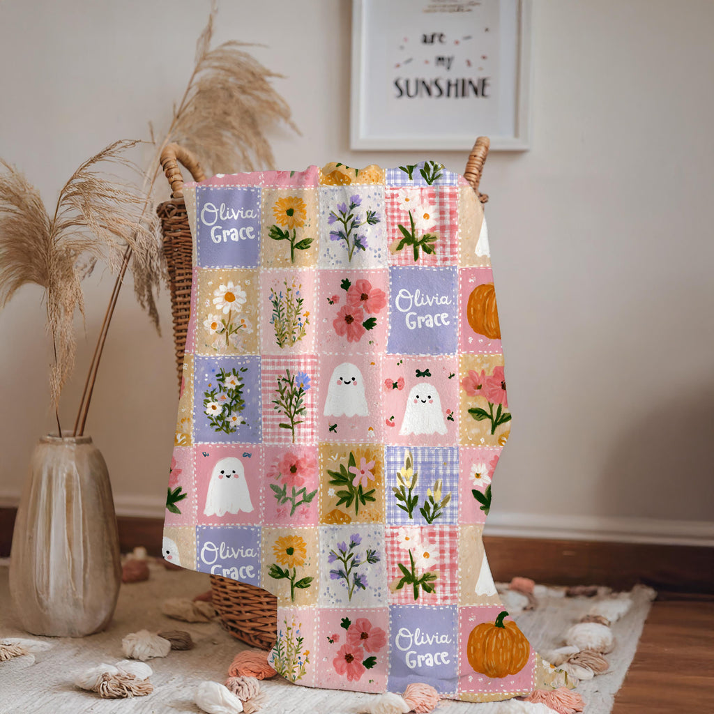 Personalized Patchwork Pumpkin Ghosts Velveteen Blanket | Cozy Fall Halloween Throw