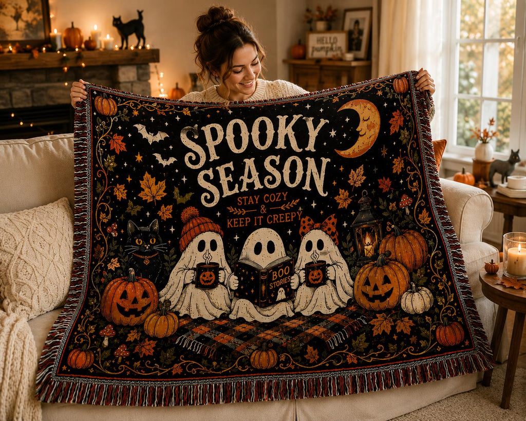Halloween Woven Throw Blanket ,Cozy Ghost Blanket, Fall Home Decor, Halloween Decor, Gothic Couch Throw, Autumn Living Room Blanket Gift