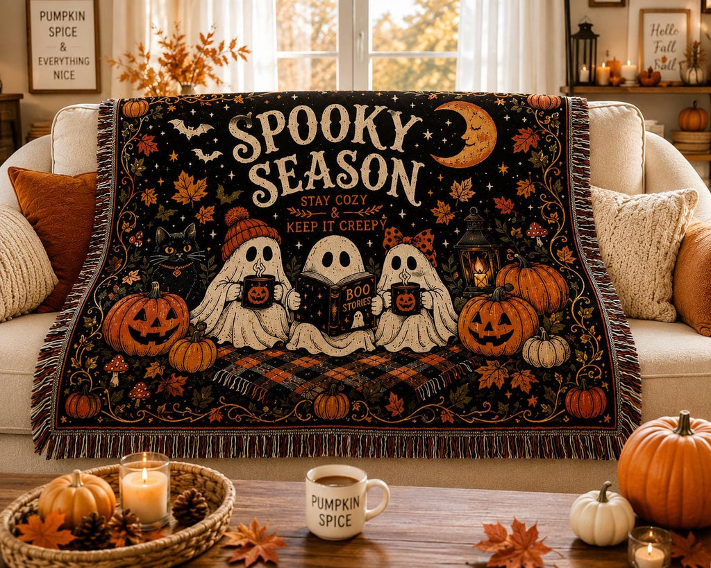 Halloween Woven Throw Blanket ,Cozy Ghost Blanket, Fall Home Decor, Halloween Decor, Gothic Couch Throw, Autumn Living Room Blanket Gift