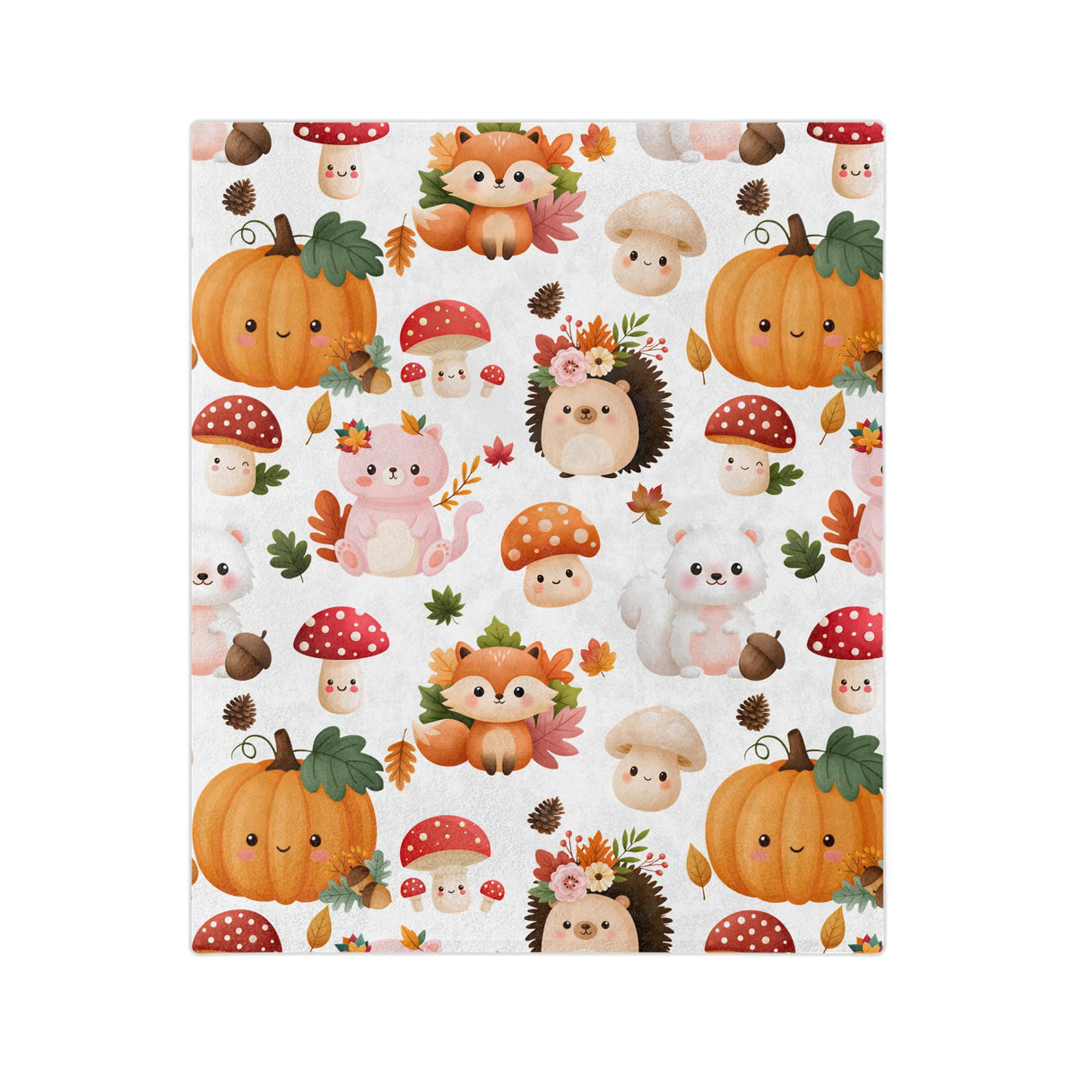 Autumn Woodland Animals Velveteen Microfiber Blanket | Pumpkins, Foxes, Hedgehogs