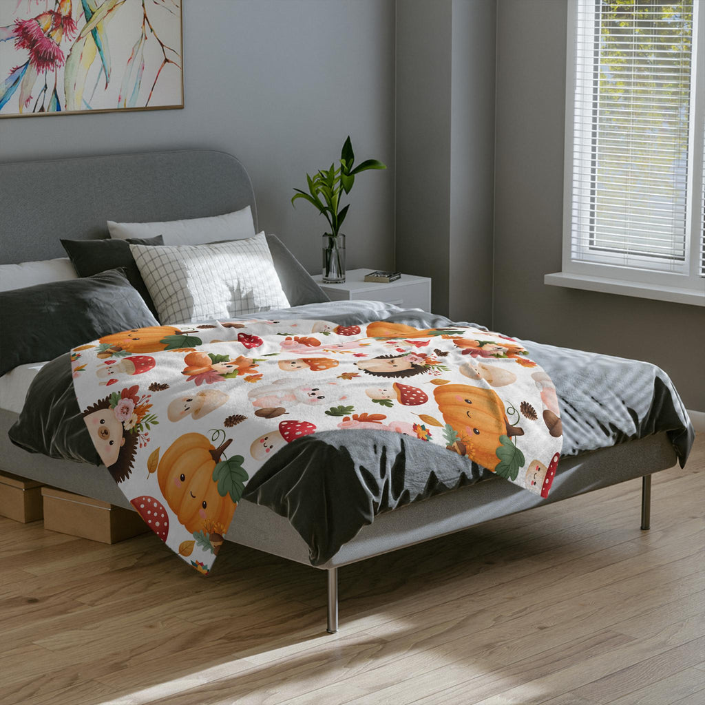 Autumn Woodland Animals Velveteen Microfiber Blanket | Pumpkins, Foxes, Hedgehogs