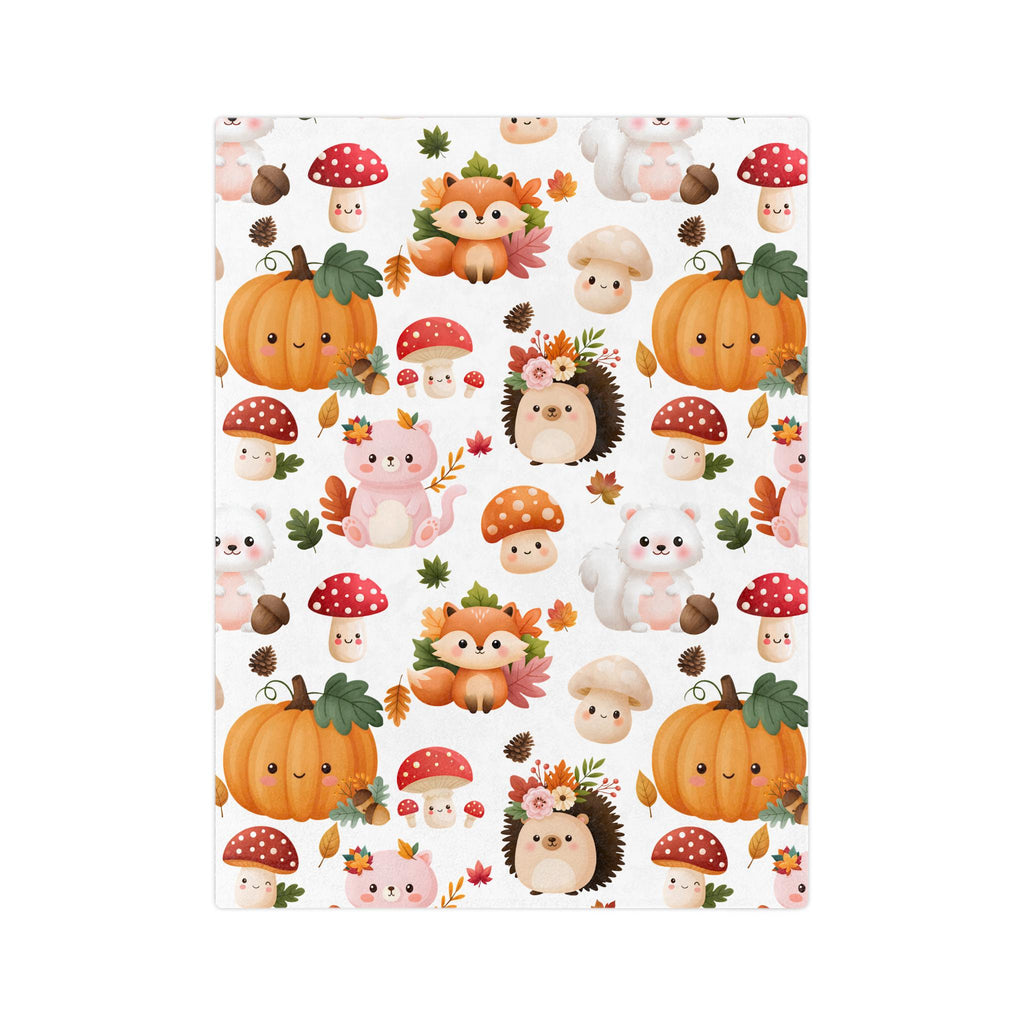 Autumn Woodland Animals Velveteen Microfiber Blanket | Pumpkins, Foxes, Hedgehogs
