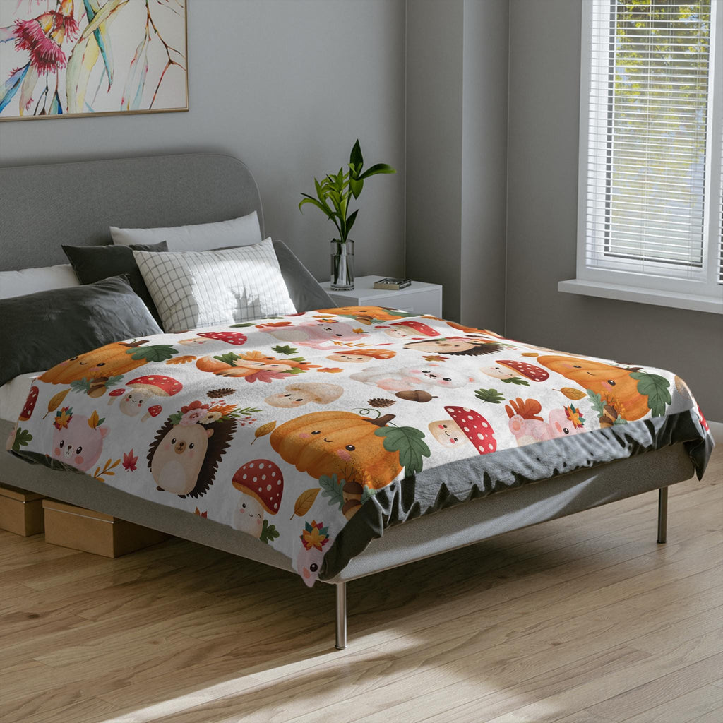 Autumn Woodland Animals Velveteen Microfiber Blanket | Pumpkins, Foxes, Hedgehogs