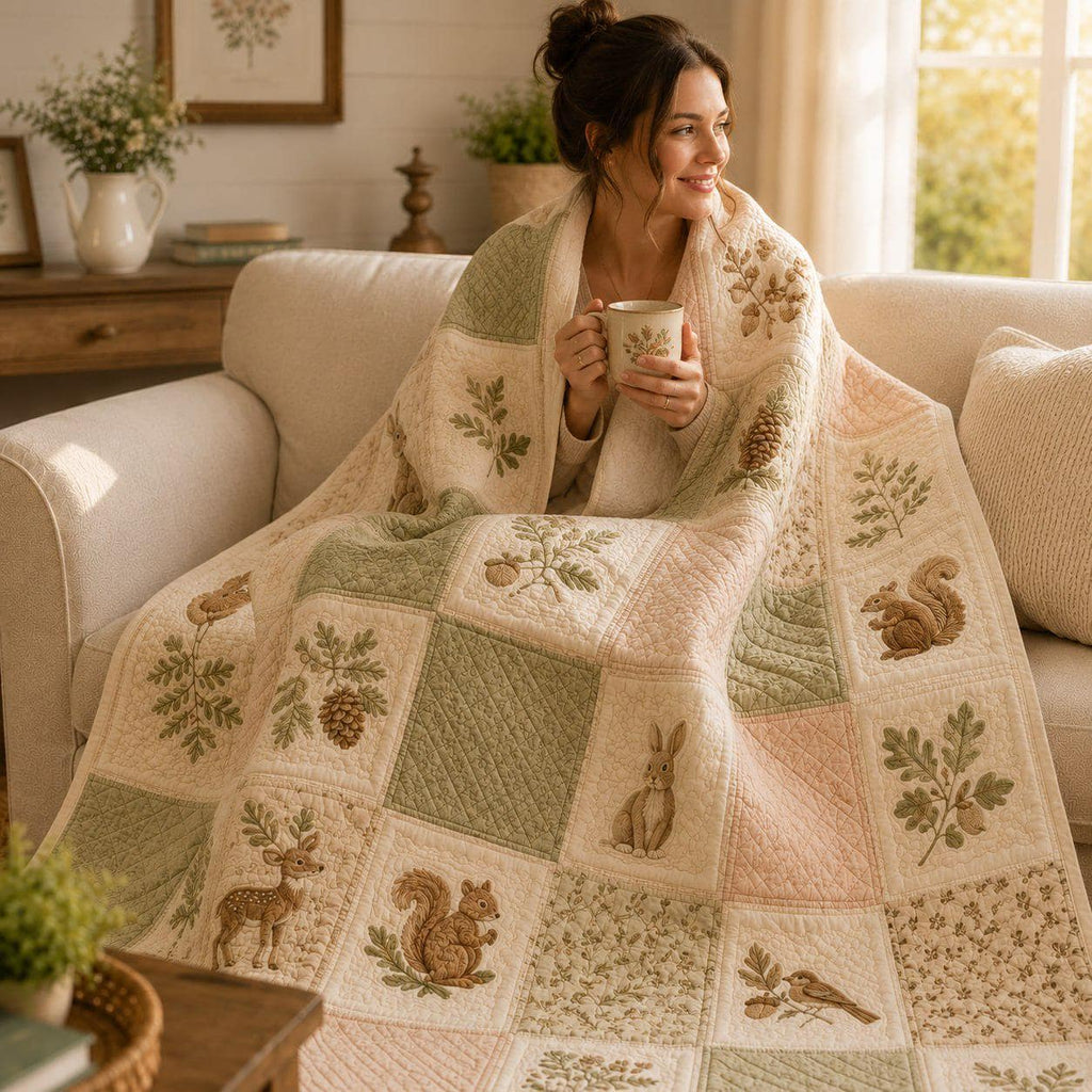 Woodland Animals Patchwork Quilt Blanket, Vintage Forest Nursery Bedding, Bunny Deer Squirrel Cottagecore Throw, Farmhouse Gift