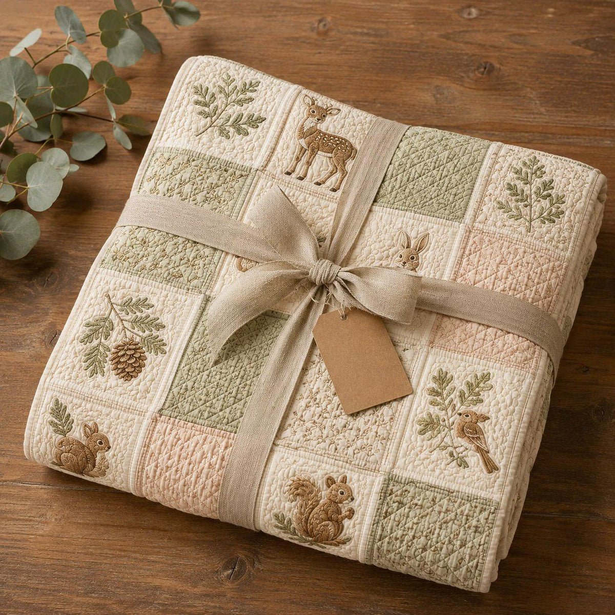 Woodland Animals Patchwork Quilt Blanket, Vintage Forest Nursery Bedding, Bunny Deer Squirrel Cottagecore Throw, Farmhouse Gift