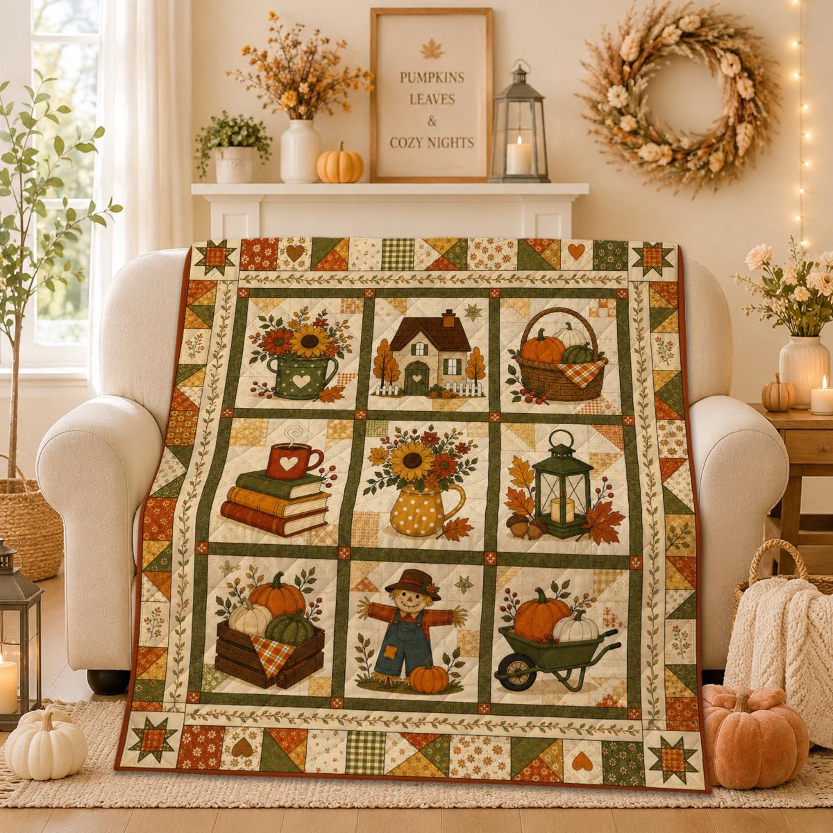 Rustic Patchwork Style Autumn Quilt Blanket: Cozy Farmhouse Fall Scarecrow Throw