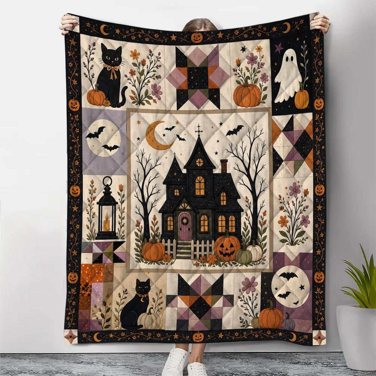 Halloween Patchwork Quilt, Spooky Season Cute Ghost Pumpkin Haunted House Blanket, Gothic Fall Bedding, Cozy Throw Gift for Black Cat Lover