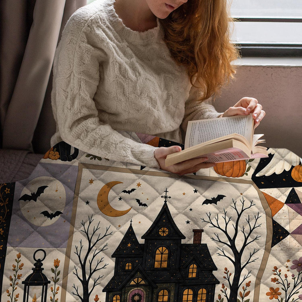 Halloween Patchwork Quilt, Spooky Season Cute Ghost Pumpkin Haunted House Blanket, Gothic Fall Bedding, Cozy Throw Gift for Black Cat Lover