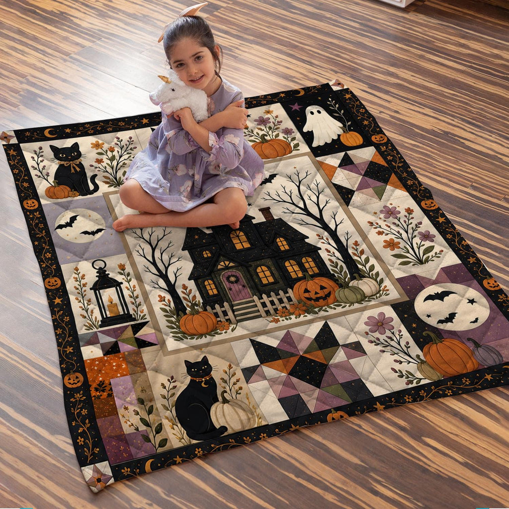 Halloween Patchwork Quilt, Spooky Season Cute Ghost Pumpkin Haunted House Blanket, Gothic Fall Bedding, Cozy Throw Gift for Black Cat Lover