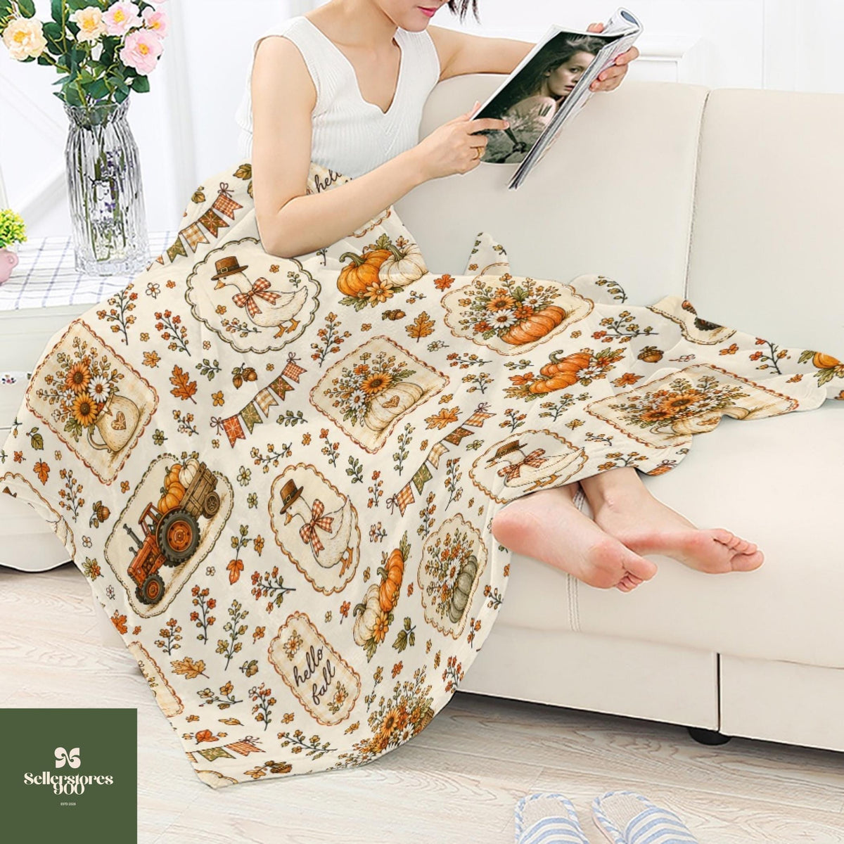 Goose Fall Blanket, Hello Fall Cottagecore Throw Blanket, Vintage Autumn Goose Floral Pumpkin Blanket, Cozy Farmhouse Home Decor Gift
