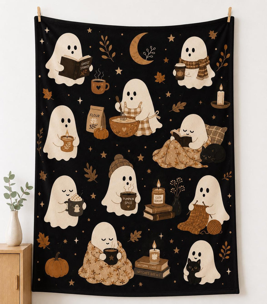 Cute Ghost Halloween Blanket, Cozy Halloween Throw Blanket, Neutral Beige Ghost Decor, Spooky Season Plush Blanket, Fall Couch Blanket Gift