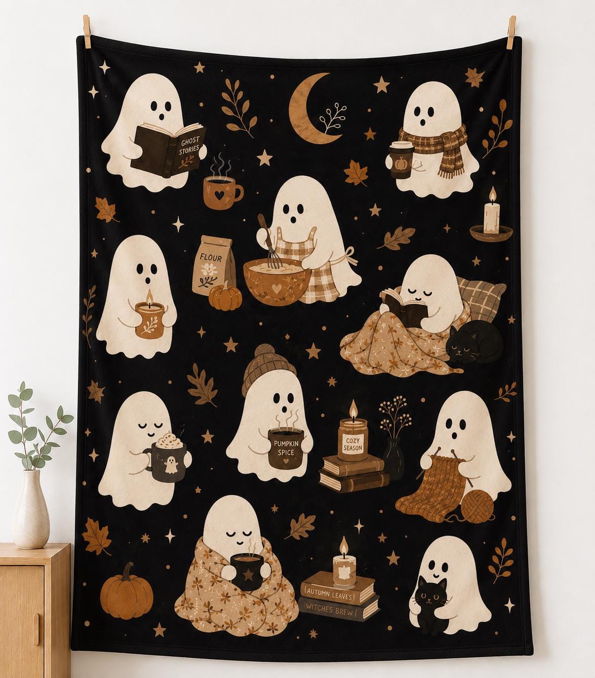 Cute Ghost Halloween Blanket, Cozy Halloween Throw Blanket, Neutral Beige Ghost Decor, Spooky Season Plush Blanket, Fall Couch Blanket Gift