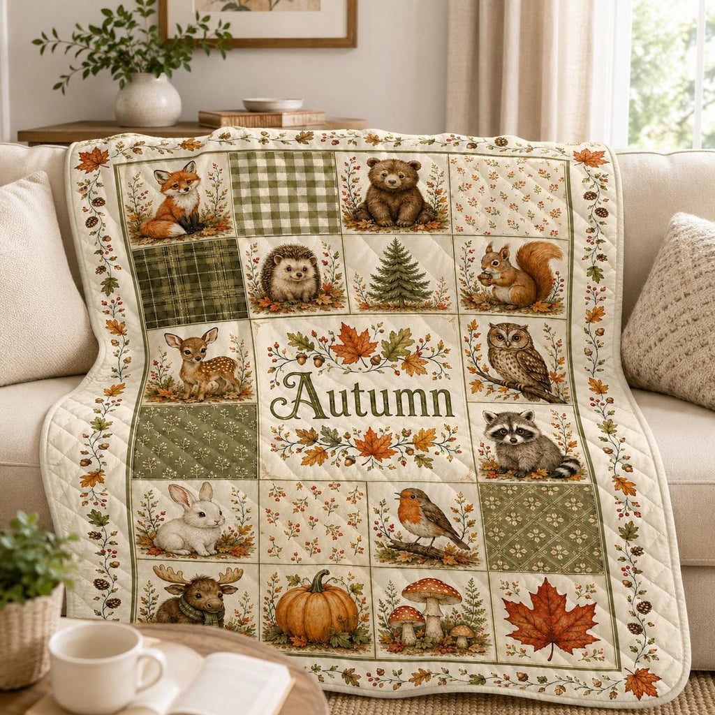 Autumn Woodland Animal Quilt Blanket, Fox Bear Deer Owl Patchwork, Rustic Fall Nursery Name Keepsake