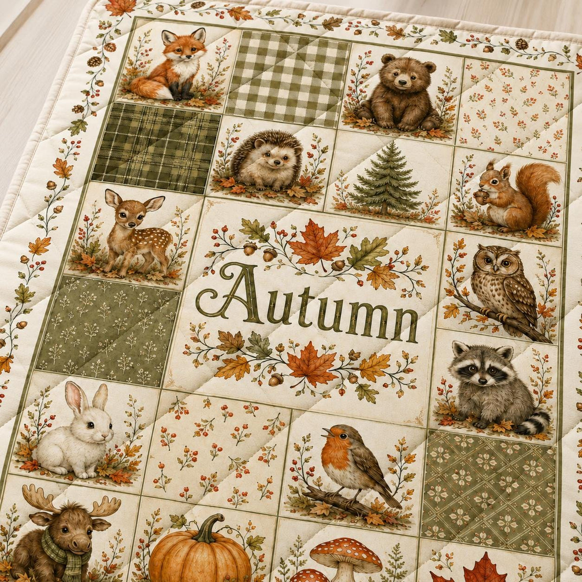 Autumn Woodland Animal Quilt Blanket, Fox Bear Deer Owl Patchwork, Rustic Fall Nursery Name Keepsake