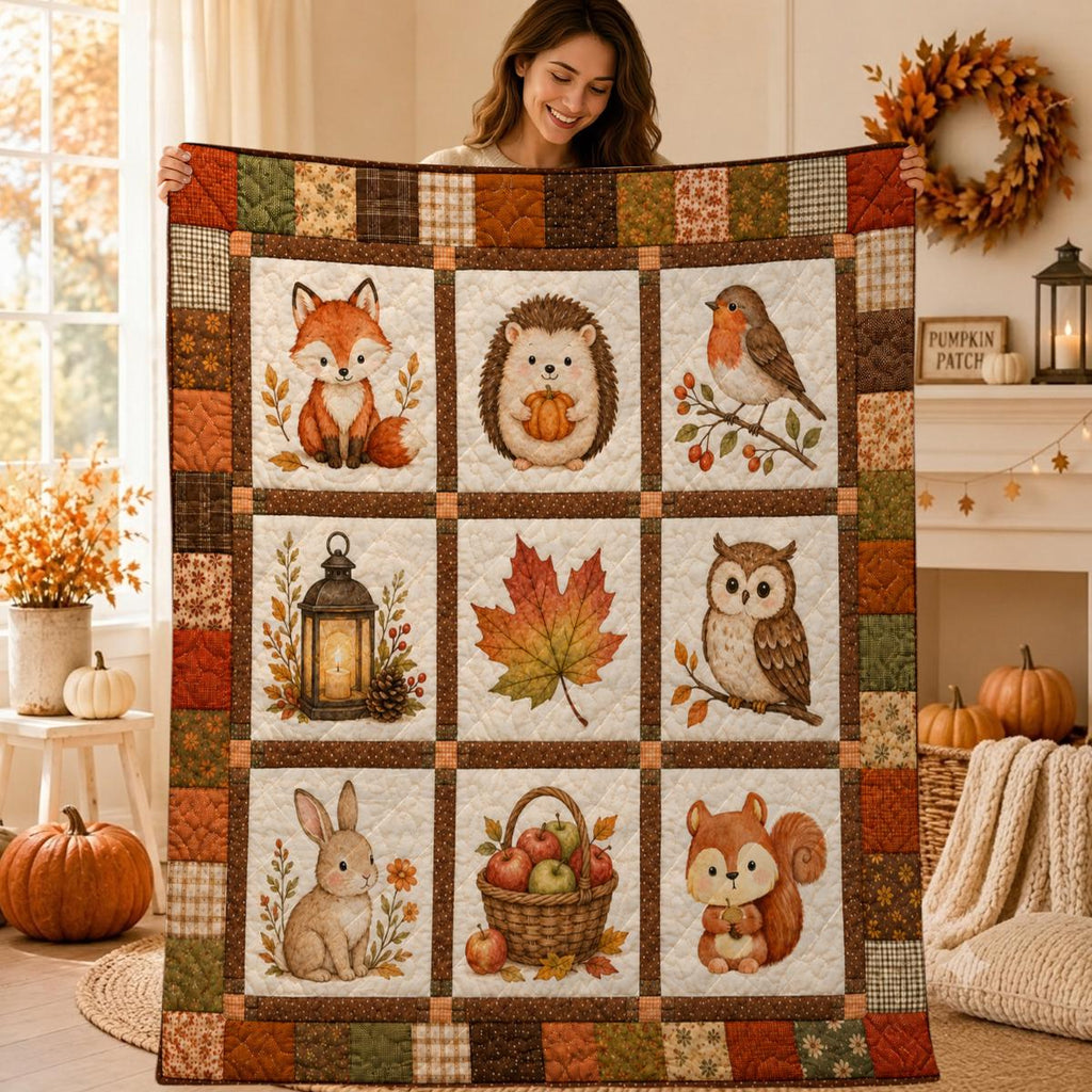 Fall Patchwork Quilt Blanket, Autumn Woodland Animal Throw, Cozy Thanksgiving Blanket, Fox Owl Pumpkin Decoration