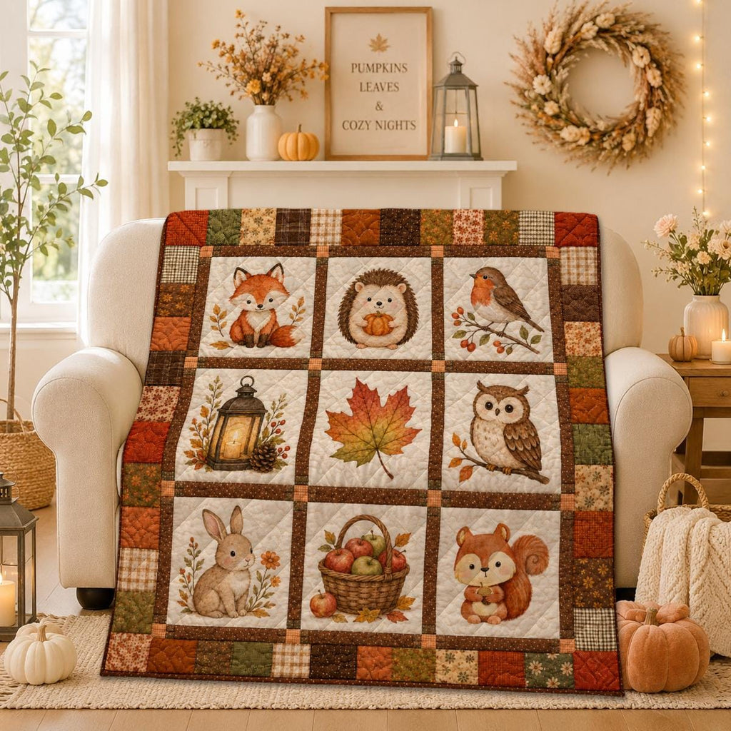 Fall Patchwork Quilt Blanket, Autumn Woodland Animal Throw, Cozy Thanksgiving Blanket, Fox Owl Pumpkin Decoration