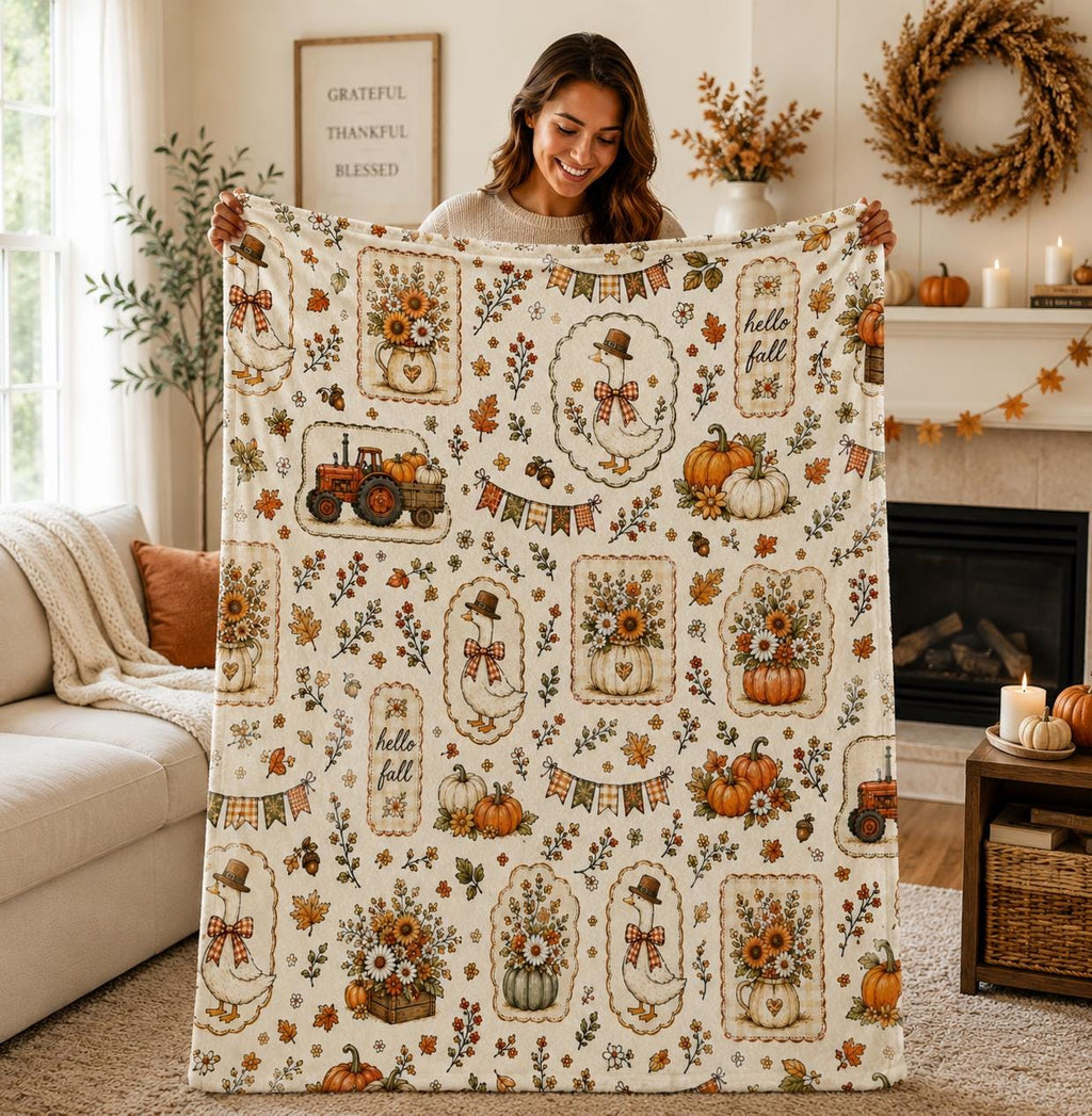 Goose Fall Blanket, Hello Fall Cottagecore Throw Blanket, Vintage Autumn Goose Floral Pumpkin Blanket, Cozy Farmhouse Home Decor Gift
