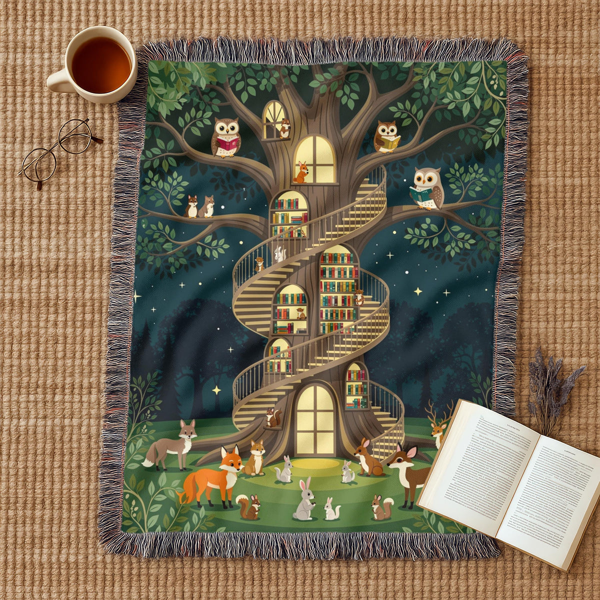 Woodland Treehouse Blanket | Forest Animals, Owls, Foxes, Deer | Baby Nursery Decor