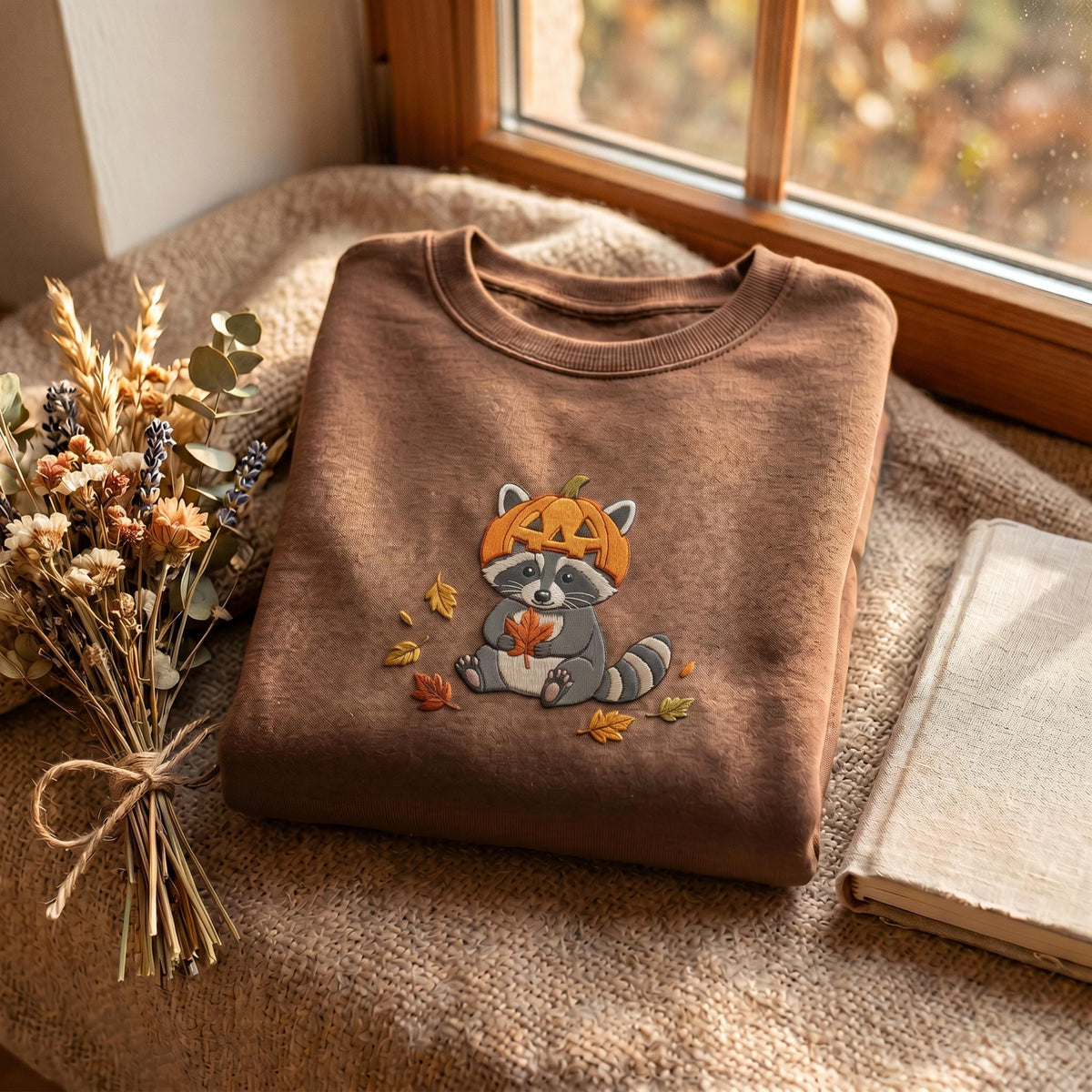 Embroidered Raccoon Pumpkin Patch Sweatshirt, Fall Autumn Raccoon Tee
