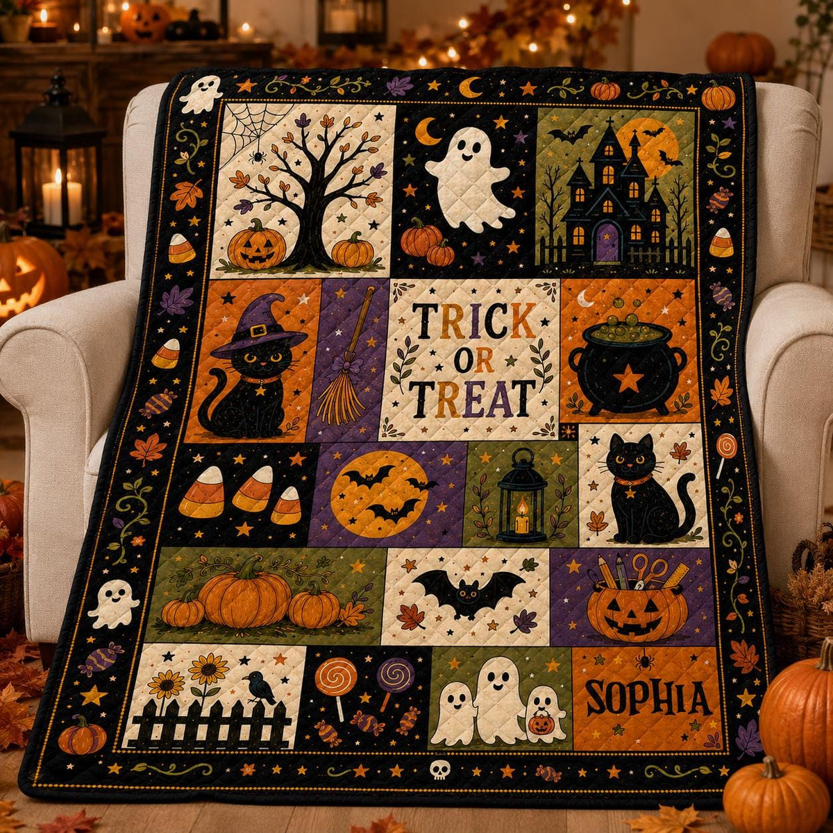 Custom Halloween Quilt Blanket, Black Cat Ghost Bat Pumpkin Throw, Rustic Autumn Patchwork Decor, Spooky Gift, Halloween Gifts