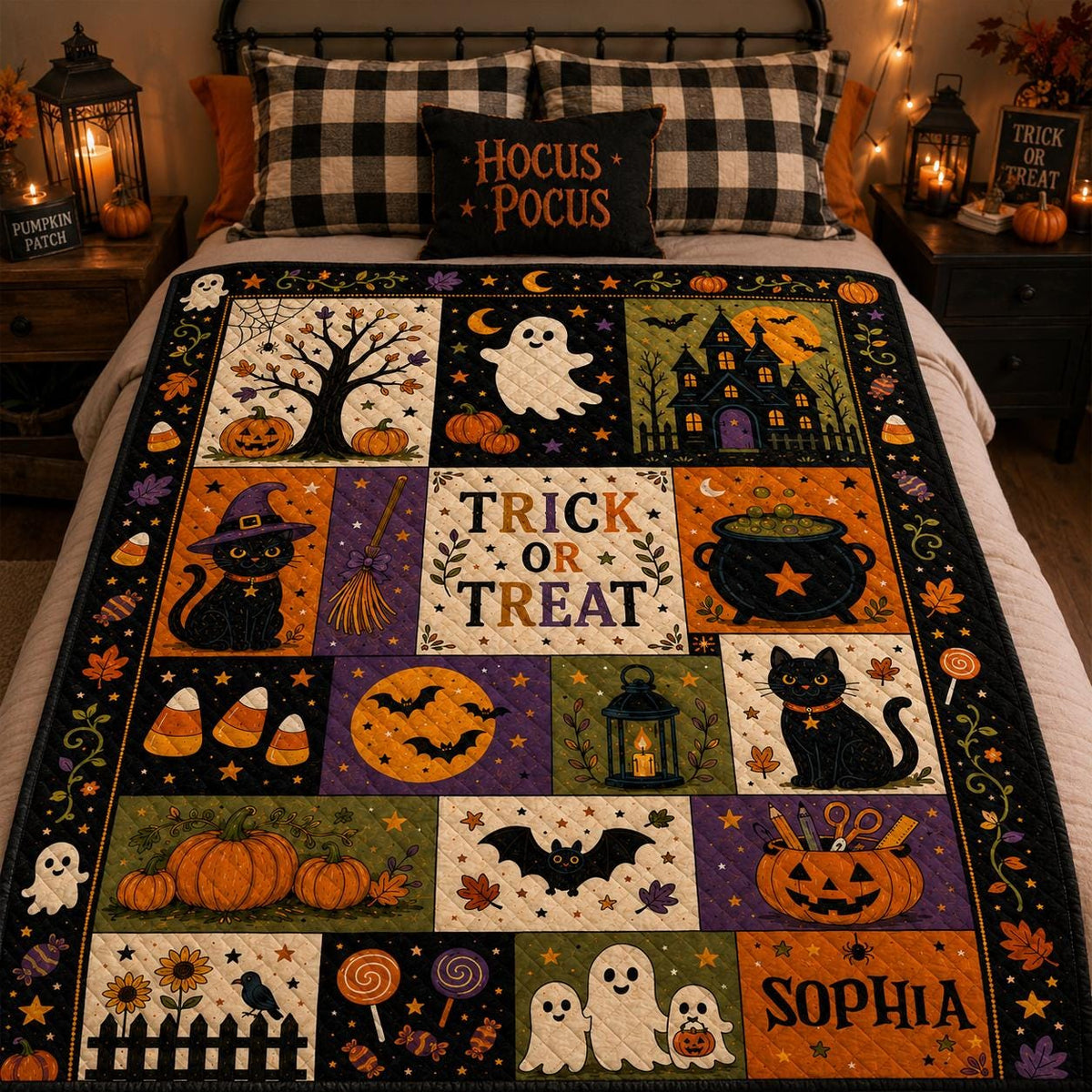 Custom Halloween Quilt Blanket, Black Cat Ghost Bat Pumpkin Throw, Rustic Autumn Patchwork Decor, Spooky Gift, Halloween Gifts