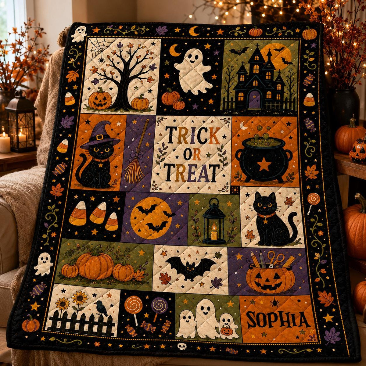 Custom Halloween Quilt Blanket, Black Cat Ghost Bat Pumpkin Throw, Rustic Autumn Patchwork Decor, Spooky Gift, Halloween Gifts