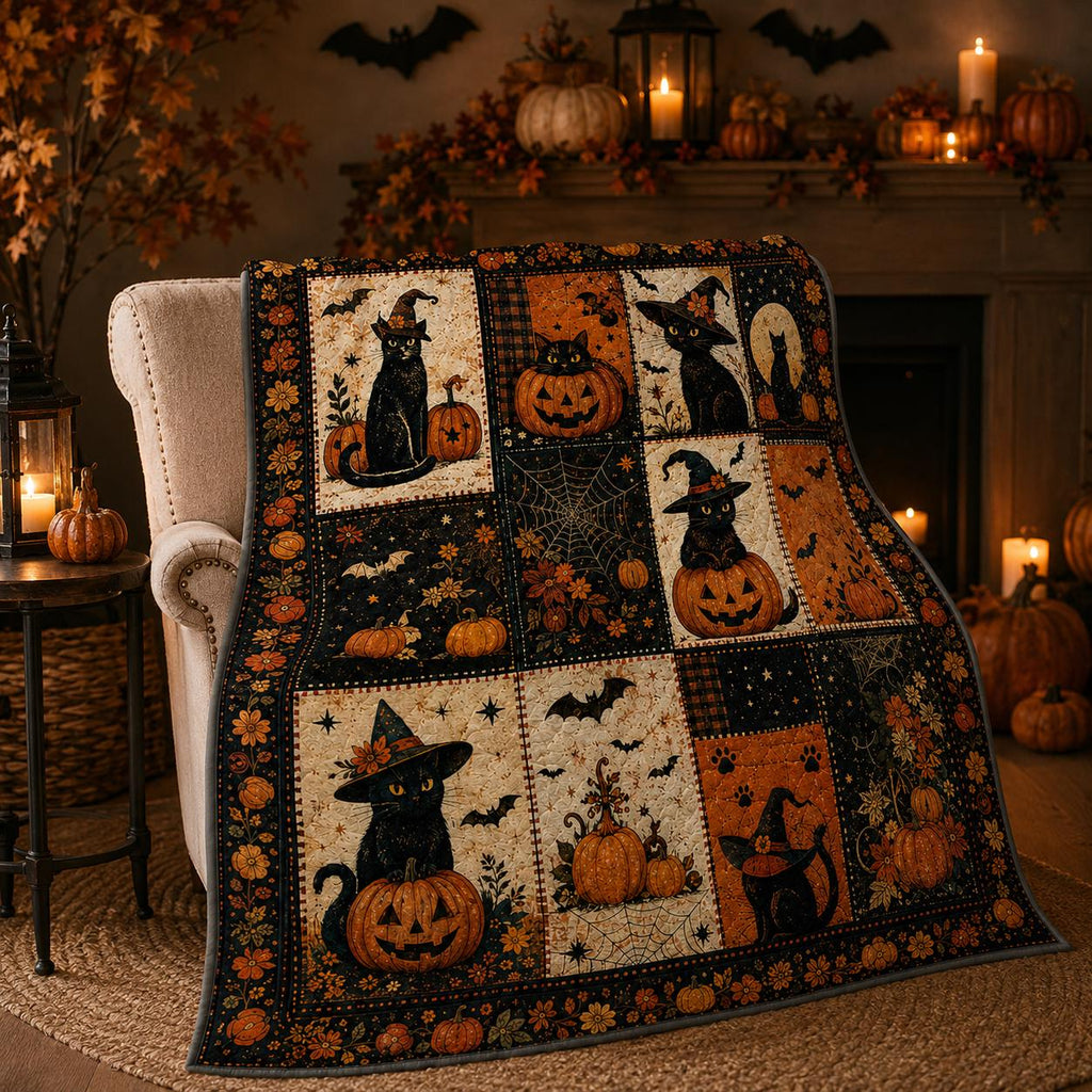 Halloween Patchwork Blanket, Black Cat Ghost Pumpkin Quilt Throw, Farmhouse Fall Bedding, Cozy Autumn Season Decor