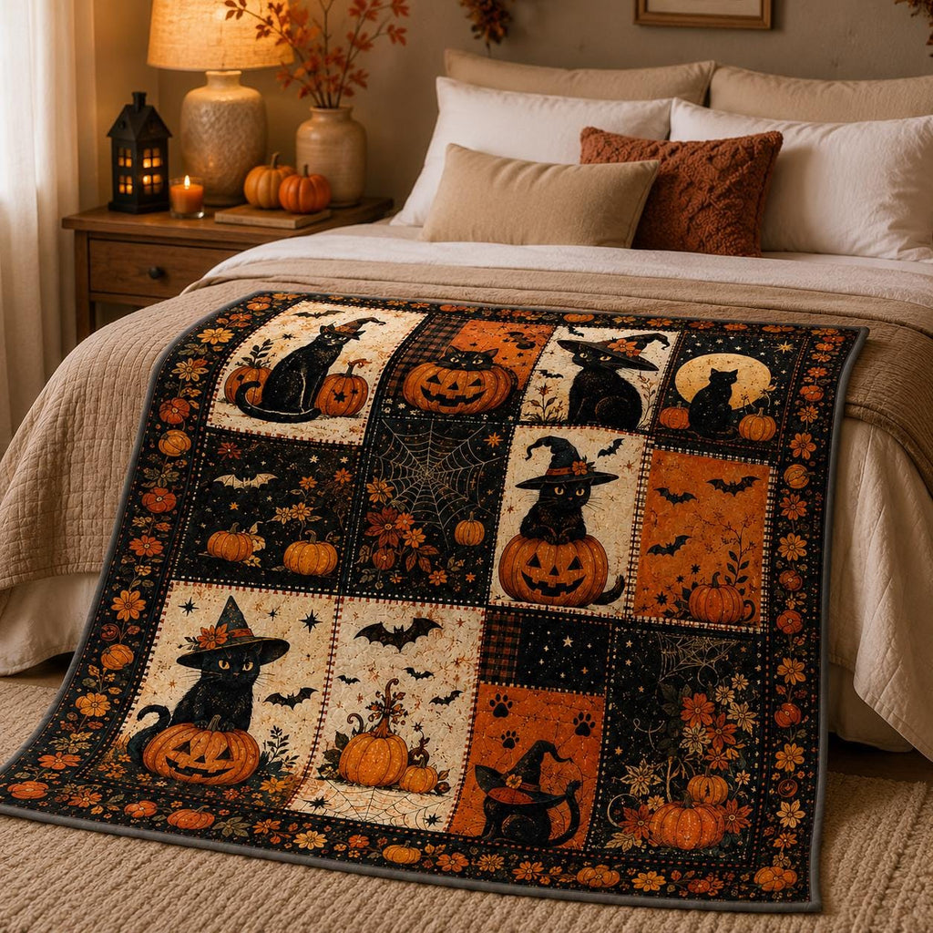 Halloween Patchwork Blanket, Black Cat Ghost Pumpkin Quilt Throw, Farmhouse Fall Bedding, Cozy Autumn Season Decor