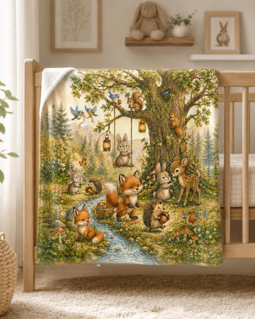 Woodland Baby Blanket, Storybook Nursery Blanket, Minky Blanket, Forest Animal Blanket, Fox Bunny Deer, Baby Shower Gift