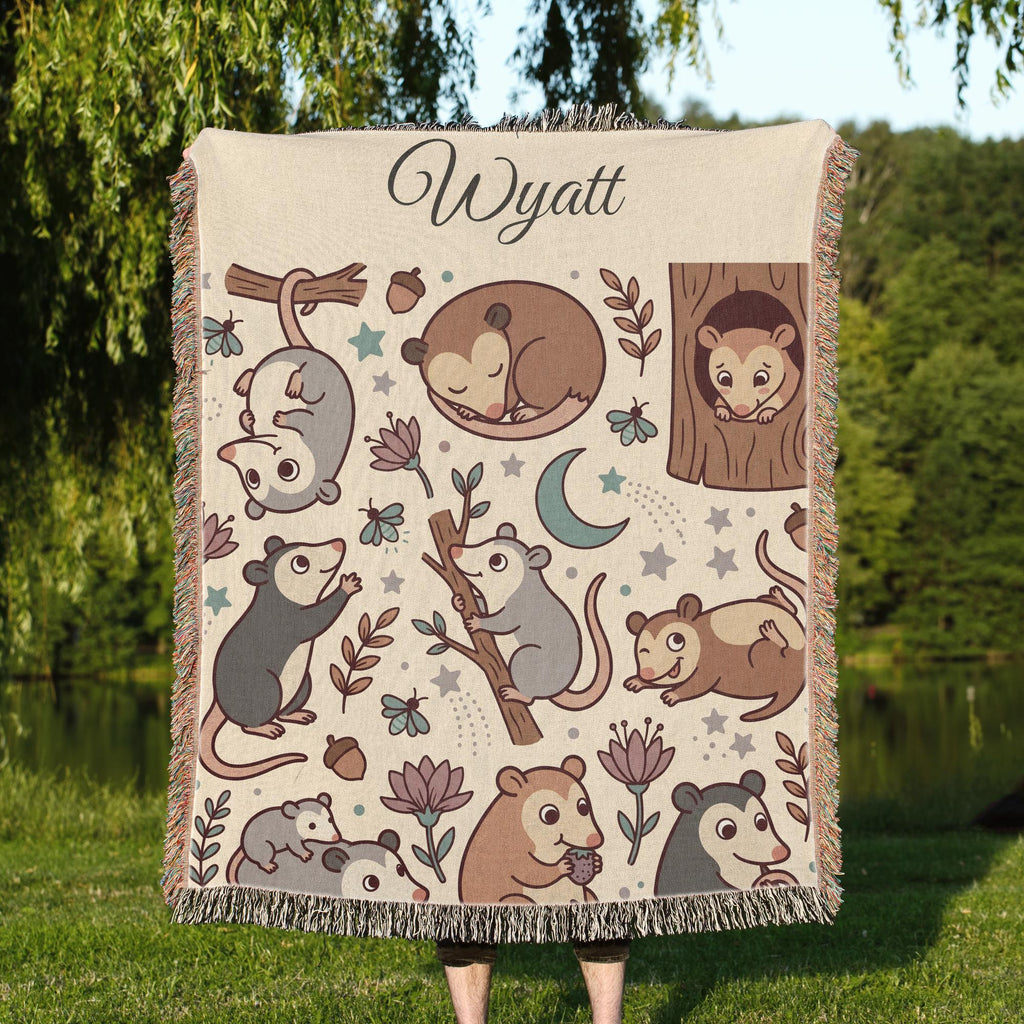 Personalized Possum Blanket, Custom Name Moonlight Possum Woven Throw, Spooky Cute Woodland Nursery Decor, Gift for Kids Nature Lovers