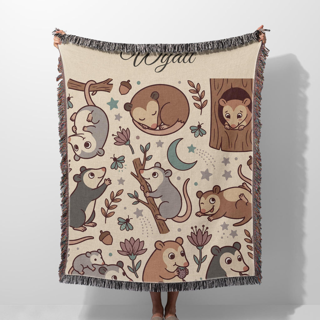 Personalized Possum Blanket, Custom Name Moonlight Possum Woven Throw, Spooky Cute Woodland Nursery Decor, Gift for Kids Nature Lovers