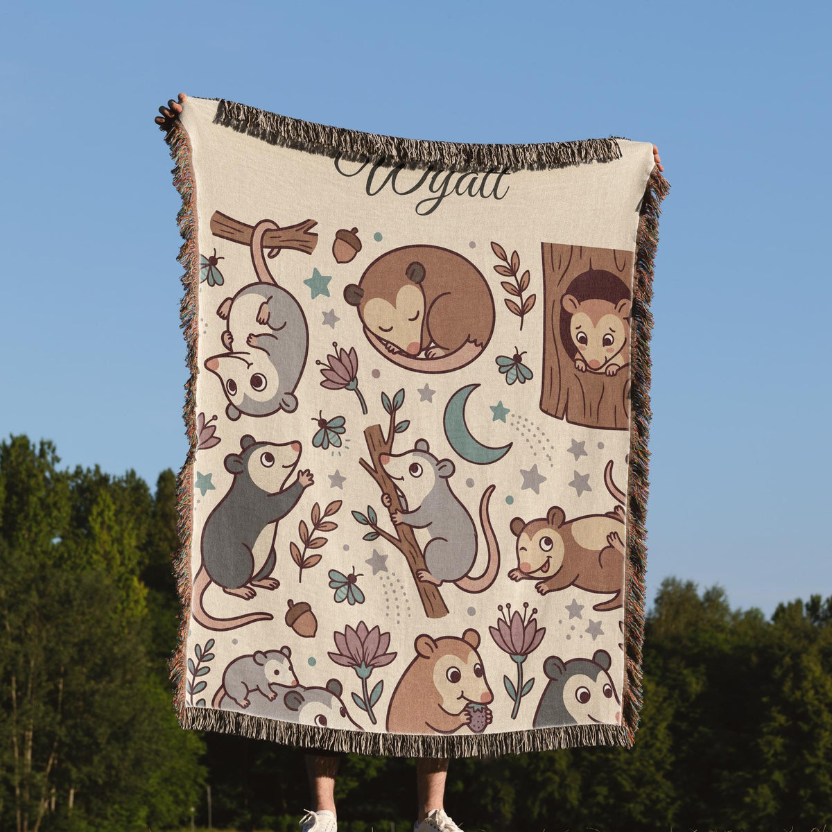 Personalized Possum Blanket, Custom Name Moonlight Possum Woven Throw, Spooky Cute Woodland Nursery Decor, Gift for Kids Nature Lovers