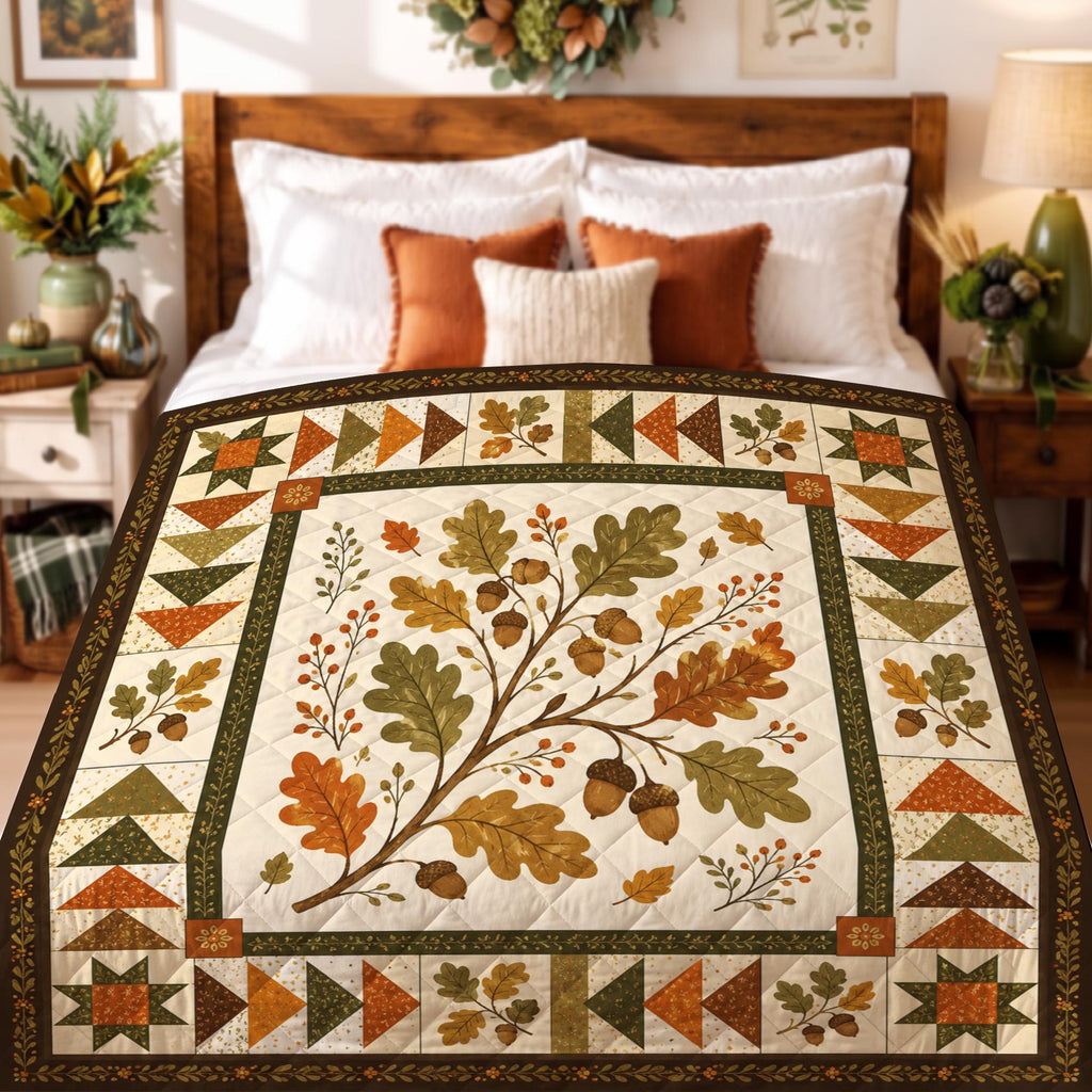 Autumn Oak Leaves Quilt Blanket, Fall Acorn Throw Blanket, Rustic Cottagecore Bedding, Woodland Farmhouse Decor, Cozy Fall Gift