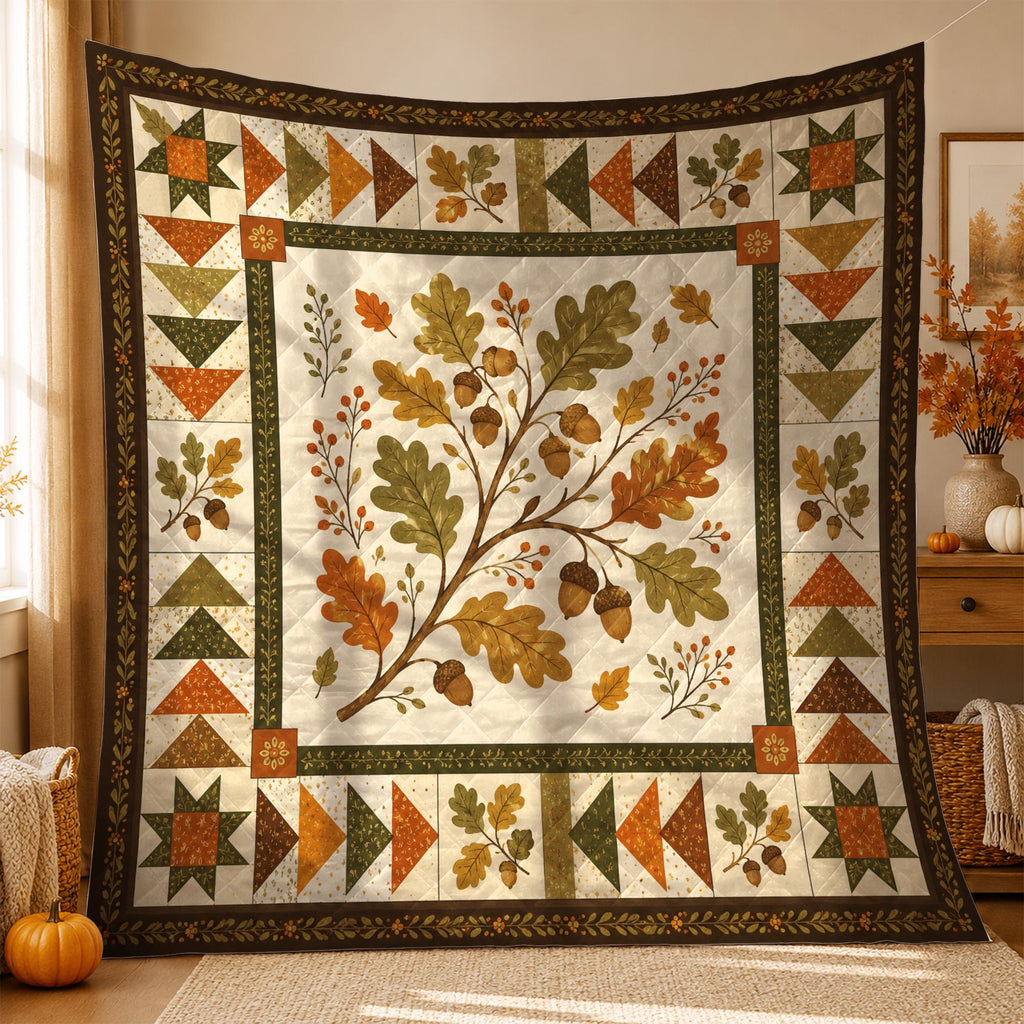 Autumn Oak Leaves Quilt Blanket, Fall Acorn Throw Blanket, Rustic Cottagecore Bedding, Woodland Farmhouse Decor, Cozy Fall Gift