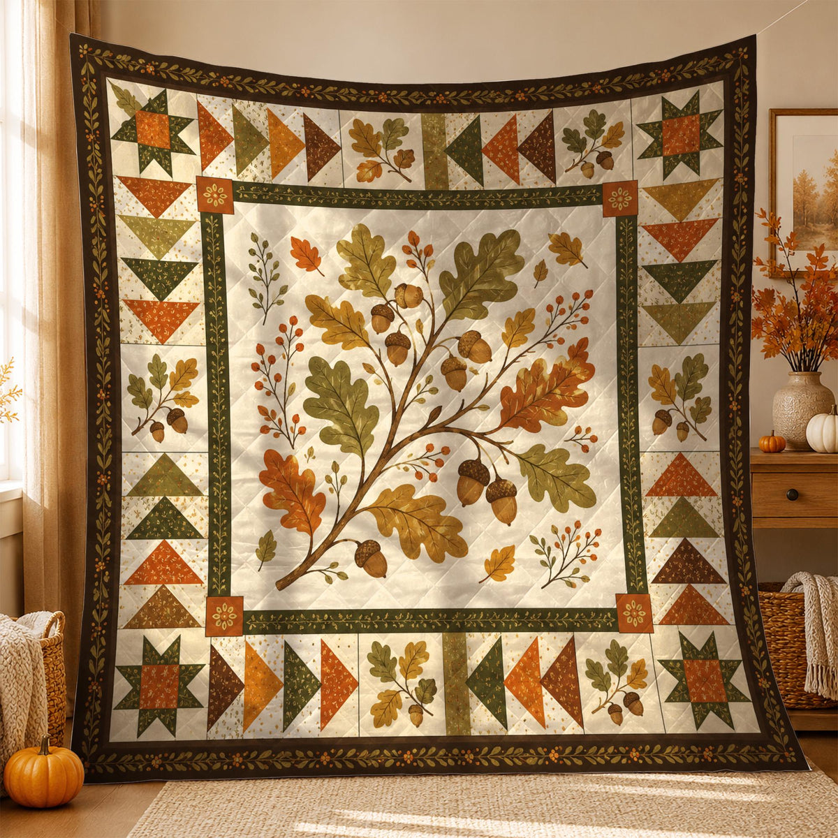 Autumn Oak Leaves Quilt Blanket, Fall Acorn Throw Blanket, Rustic Cottagecore Bedding, Woodland Farmhouse Decor, Cozy Fall Gift