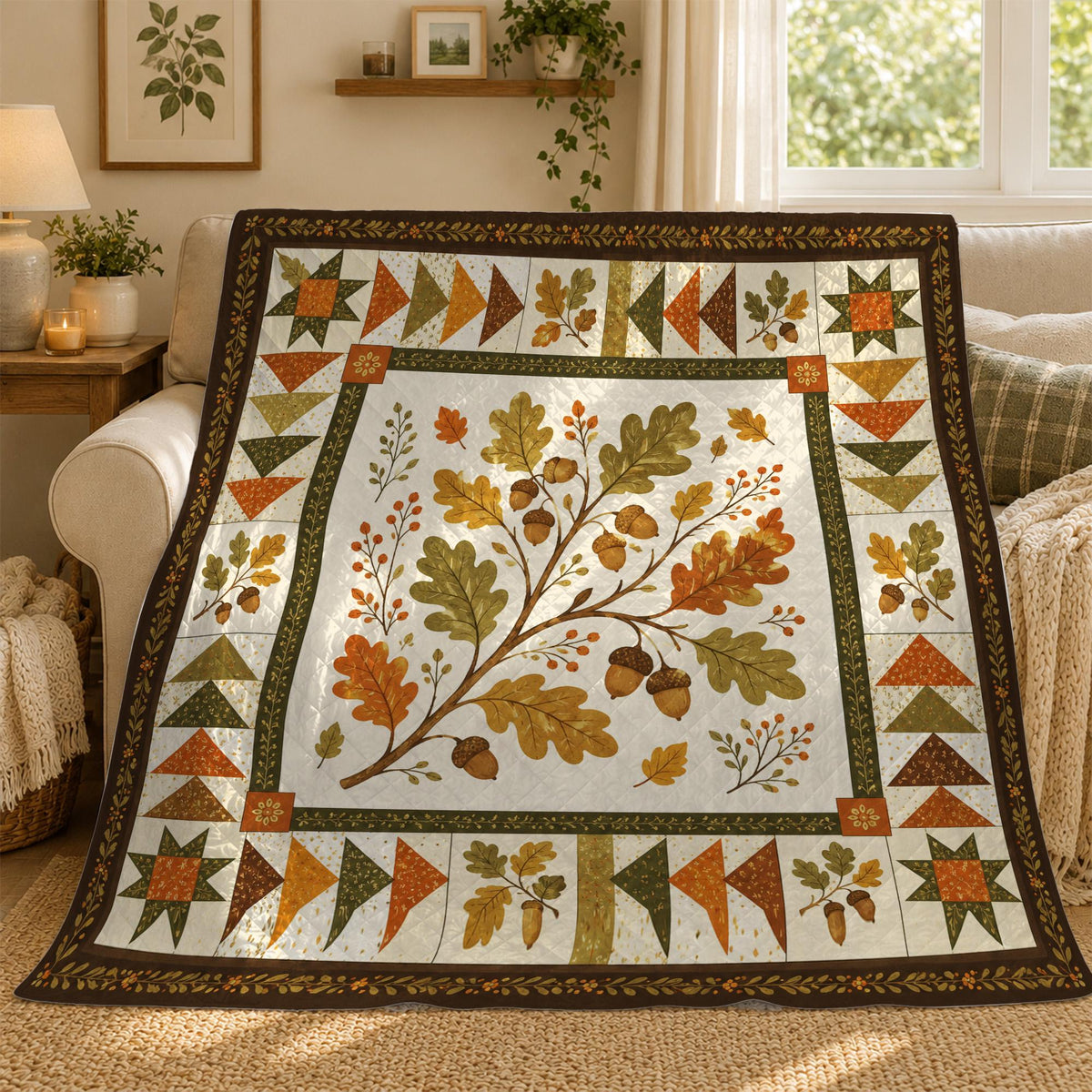 Autumn Oak Leaves Quilt Blanket, Fall Acorn Throw Blanket, Rustic Cottagecore Bedding, Woodland Farmhouse Decor, Cozy Fall Gift