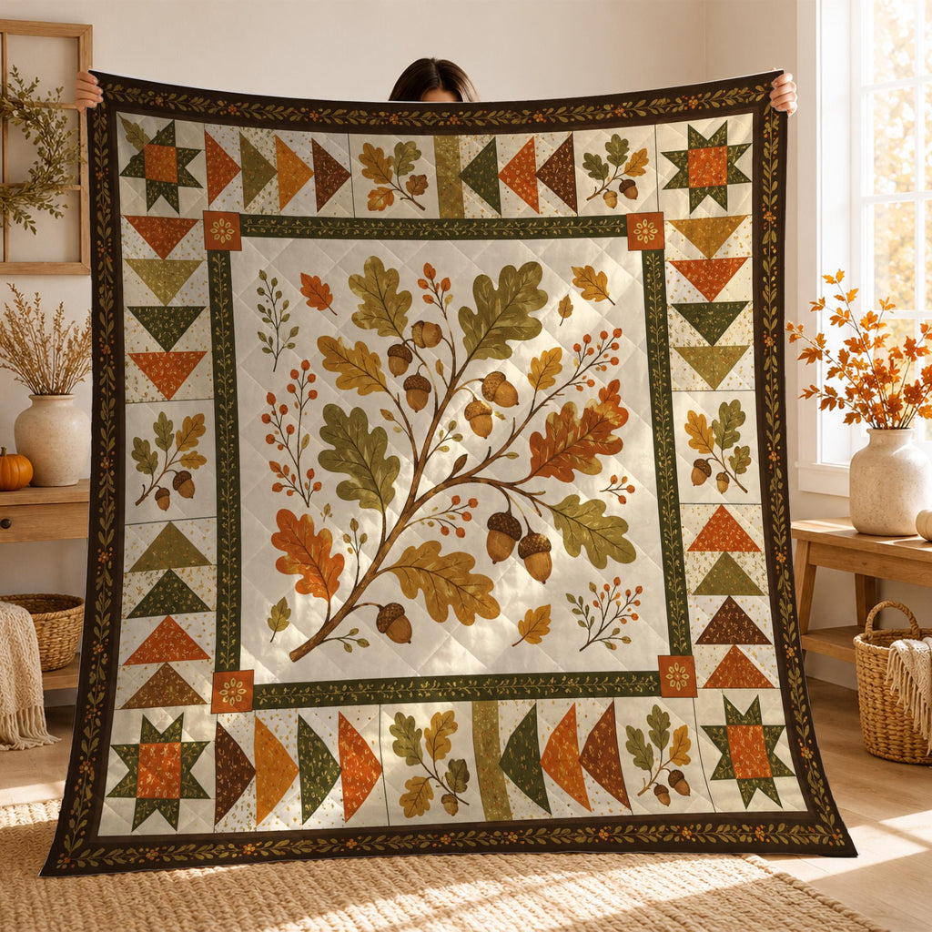 Autumn Oak Leaves Quilt Blanket, Fall Acorn Throw Blanket, Rustic Cottagecore Bedding, Woodland Farmhouse Decor, Cozy Fall Gift