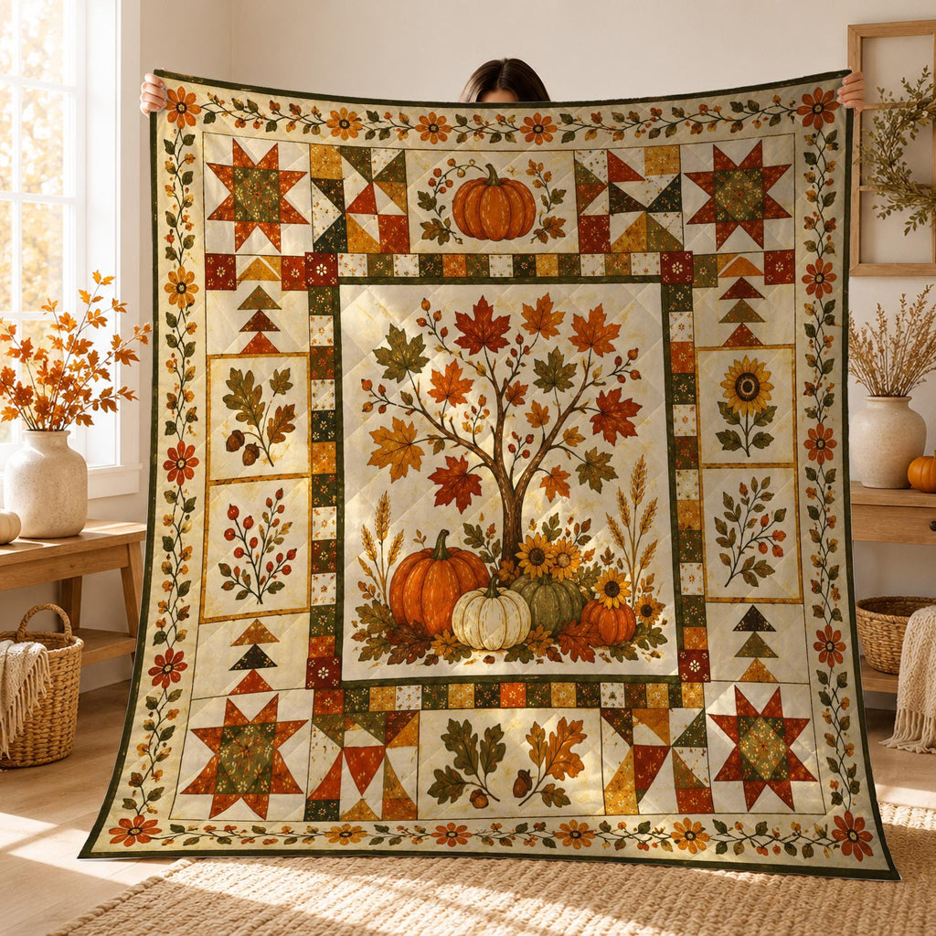 Fall Pumpkin Quilt Blanket, Autumn Harvest Throw Blanket, Sunflower Farmhouse Bedding, Rustic Cottagecore Decor, Cozy Thanksgiving Gift