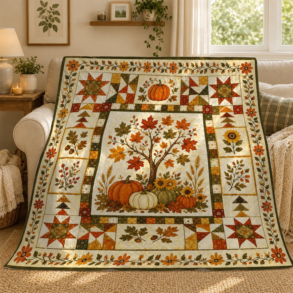 Fall Pumpkin Quilt Blanket, Autumn Harvest Throw Blanket, Sunflower Farmhouse Bedding, Rustic Cottagecore Decor, Cozy Thanksgiving Gift