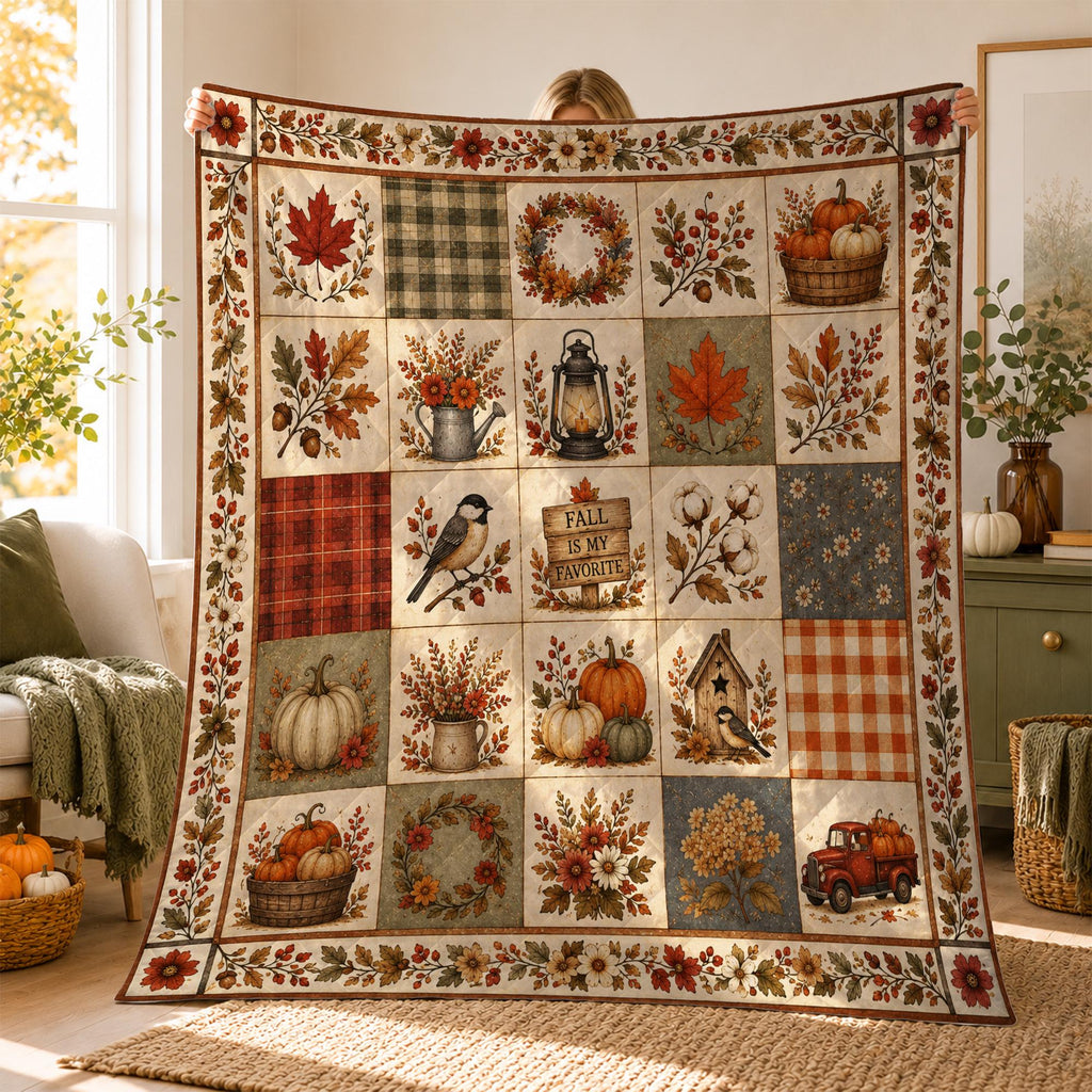 Fall Quilt Blanket, Autumn Patchwork Throw Blanket, Pumpkin Harvest Cottagecore Bedding, Rustic Farmhouse Decor, Thanksgiving Gift