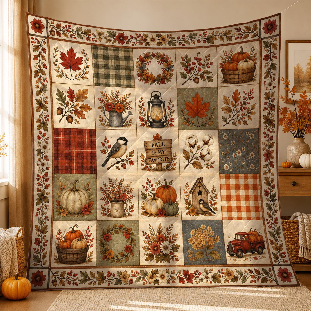 Fall Quilt Blanket, Autumn Patchwork Throw Blanket, Pumpkin Harvest Cottagecore Bedding, Rustic Farmhouse Decor, Thanksgiving Gift