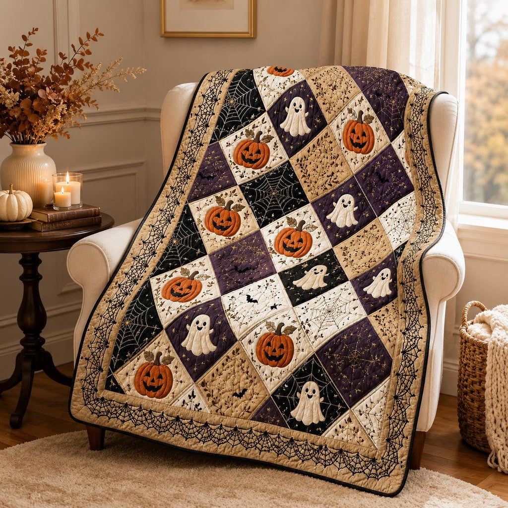 Halloween Pumpkin Ghost Quilt Blanket, Vintage Patchwork Throw, Spooky Season Bedding, Cozy Fall Farmhouse Decor, Autumn Halloween Gift