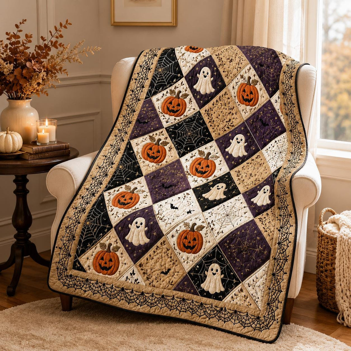 Halloween Pumpkin Ghost Quilt Blanket, Vintage Patchwork Throw, Spooky Season Bedding, Cozy Fall Farmhouse Decor, Autumn Halloween Gift