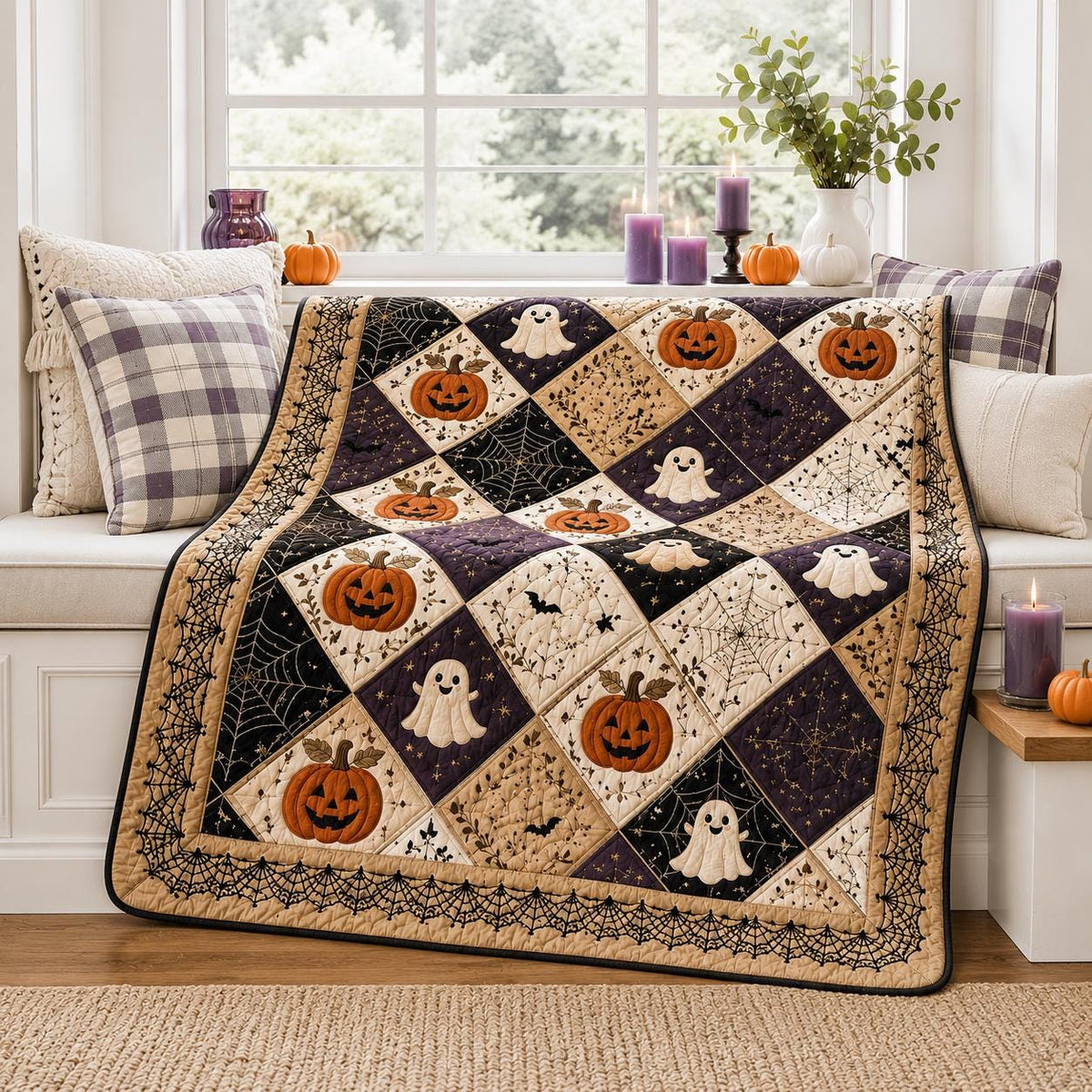 Halloween Pumpkin Ghost Quilt Blanket, Vintage Patchwork Throw, Spooky Season Bedding, Cozy Fall Farmhouse Decor, Autumn Halloween Gift