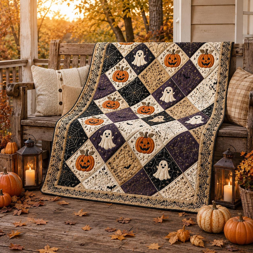 Halloween Pumpkin Ghost Quilt Blanket, Vintage Patchwork Throw, Spooky Season Bedding, Cozy Fall Farmhouse Decor, Autumn Halloween Gift